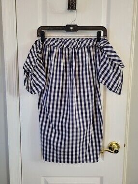 ​Milly Gingham Off The Shoulder Mini Shift Dress Navy Blue White Size Small